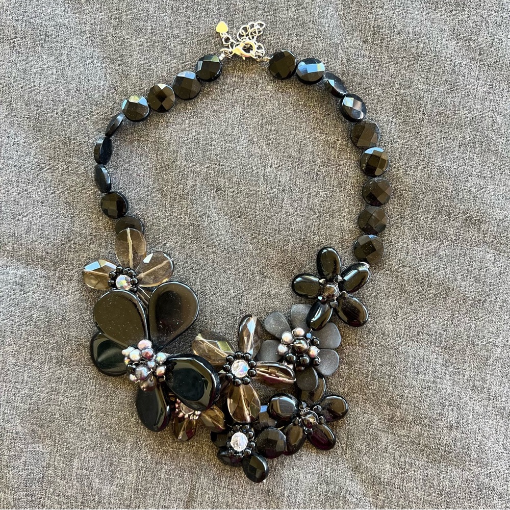 Midnight Garden Mixed Black Stones Floral Statement Necklace 16” long